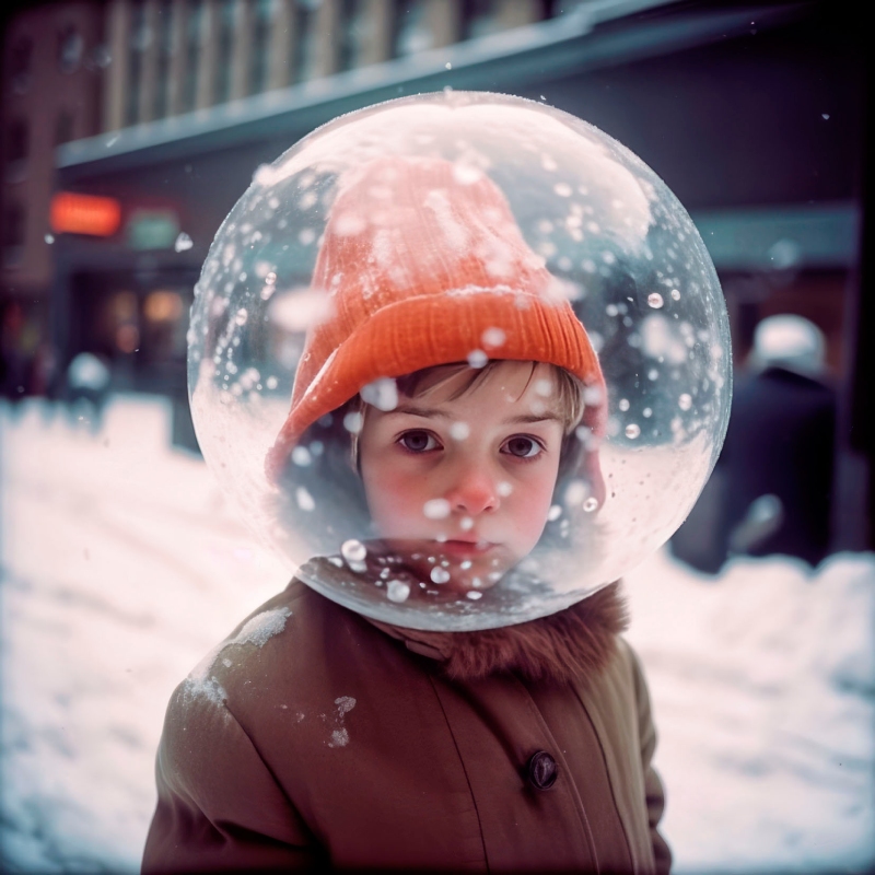 Phillip Toledano. Imagen de una niña con la cabeza en una bola de cristal.