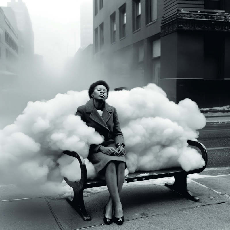 Phillip Toledano. Imagen de una mujer sentada en un banco entre nubes.