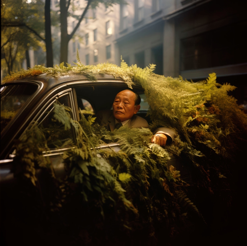 Phillip Toledano. Imagen de un hombre en un coche con vegetación.