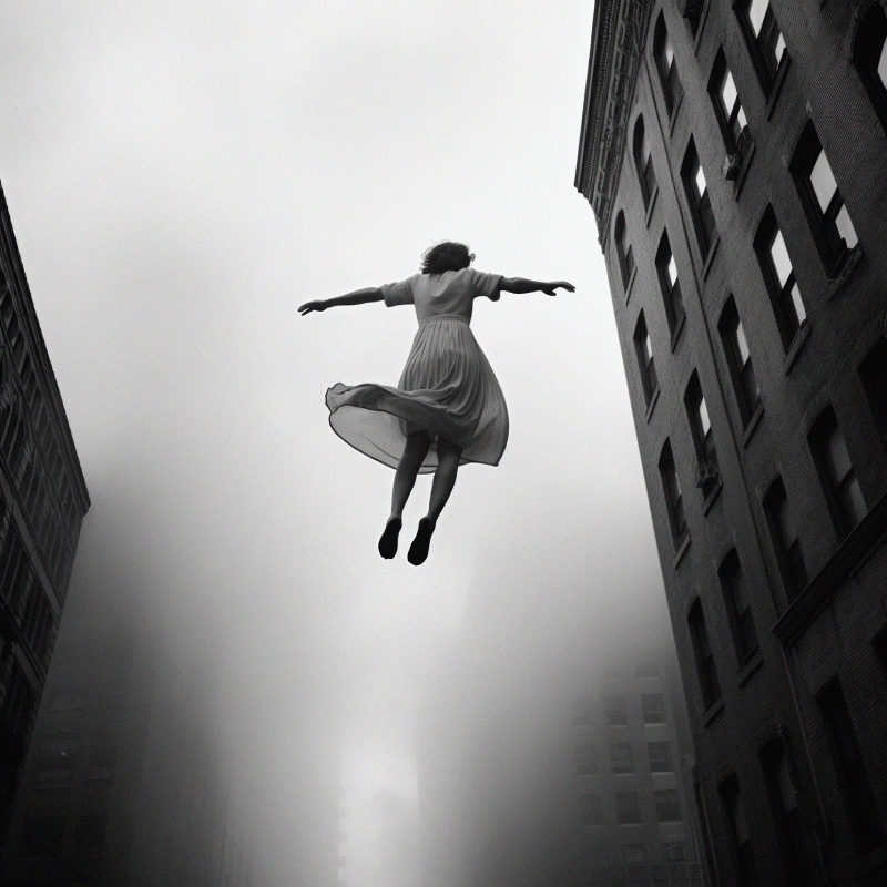 Phillip Toledano. Imagen de una mujer volando entre rascacielos.