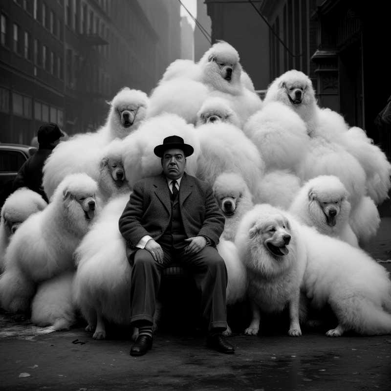 Phillip Toledano. Imagen de hombre posando con muchos perros blancos.