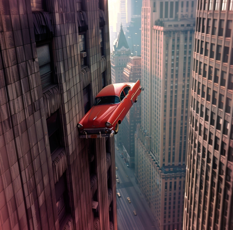 Phillip Toledano. Imagen de un coche rojo volando entre rascacielos.