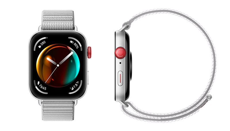 Huawei Watch Fit 3: El reloj con correa gris por delante y de perfil con la corona roja