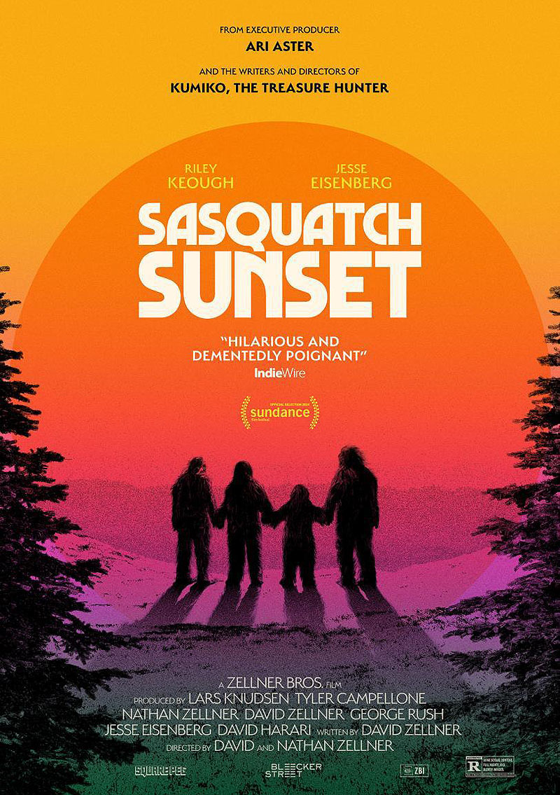 Sasquatch Sunset - poster de la película, con situetas de Bigfoots