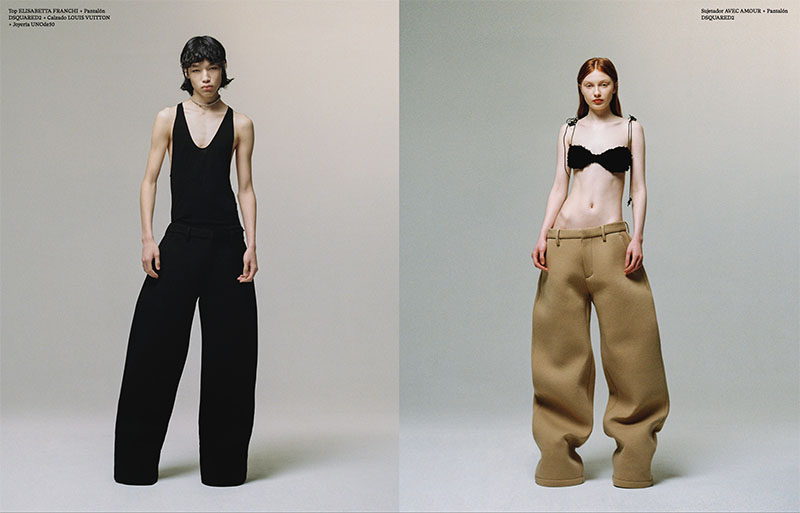 editorial mobiliario Back on 74: dos modelos con unos pantalones gigantes