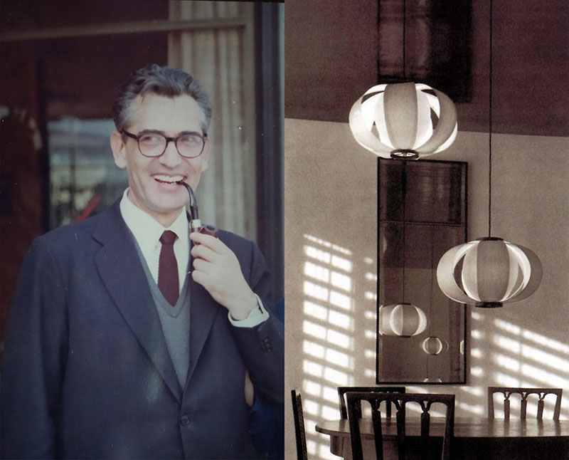 Retrato de José Antonio Coderch y la lámpara DISA fotografiada en un piso de la calle Johann Sebastian Bach de Barcelona (1961)