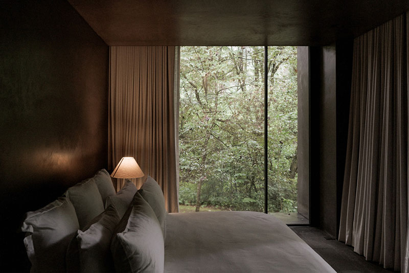 Pérez Palacios Arquitectos: la ventana de un dormitorio que da un bosque tupido