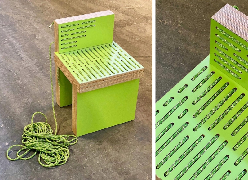 Laminado de Formica y el diseñador Gergely Kovacs: una silla verde hecha con cuerdas y madera