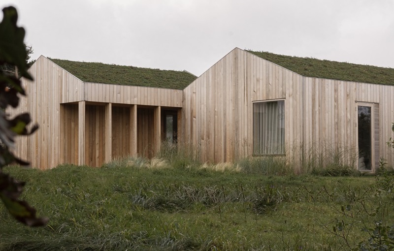 Norm-Architects-Heatherhill-Beach-House: casa de madera de cedro y cubierta verde