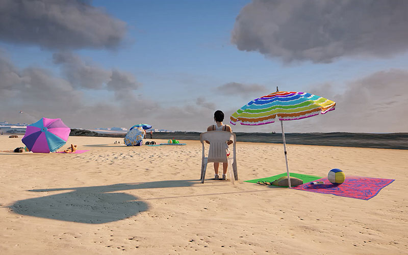 Total Refusal - imagen de videojuego, una mujer sentada en una silla en la playa