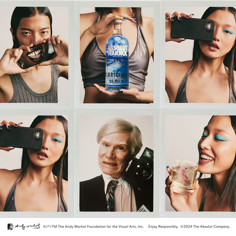 Absolut Warhol: collage de seis fotos verticales colocadas en dos filas de forma simétrica. En las fotos aparece una modelo con la botella de vodka, un móvil de última generación y un cócktai. A excepción de una foto en la que aparece el artista Andy Warhol con una cámara de fotos antigua.