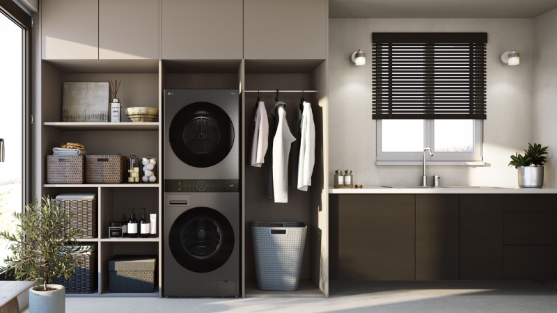 LG Washtower: lavadora y secadora unidas en un electrodoméstico minimalista integrado en la decoración de un hogar del mismo estilo en tonos neutros