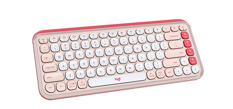 Teclado Logitech Pop Icon Keys: el dispositivo en color rosa y blanco