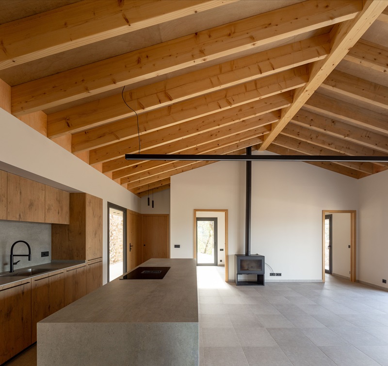 Onyon-Arquitectura-Korta: cocina con isla y techo inclinado de viguetas de madera laminada