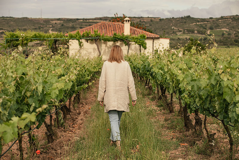 Maktub: mujer caminando entre hileras de viñas