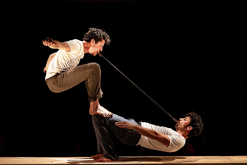 Festival Riesgo. escena de circo contemporáneo con personajes en escena