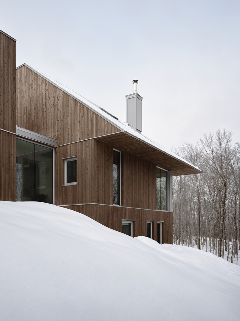 Julia-Manaças-Architecte-House-MN: casa de madera en el bosque nevado con cubierta a dos aguas