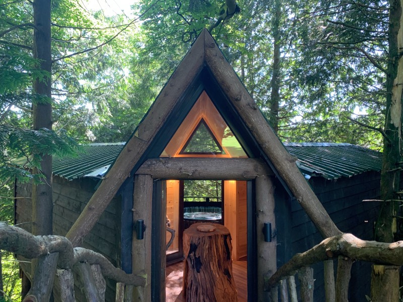 Airbnb: una casa de madera entre los árboles, en mitad un bosque, con un yacuzzi exterior con vistas a la naturaleza.