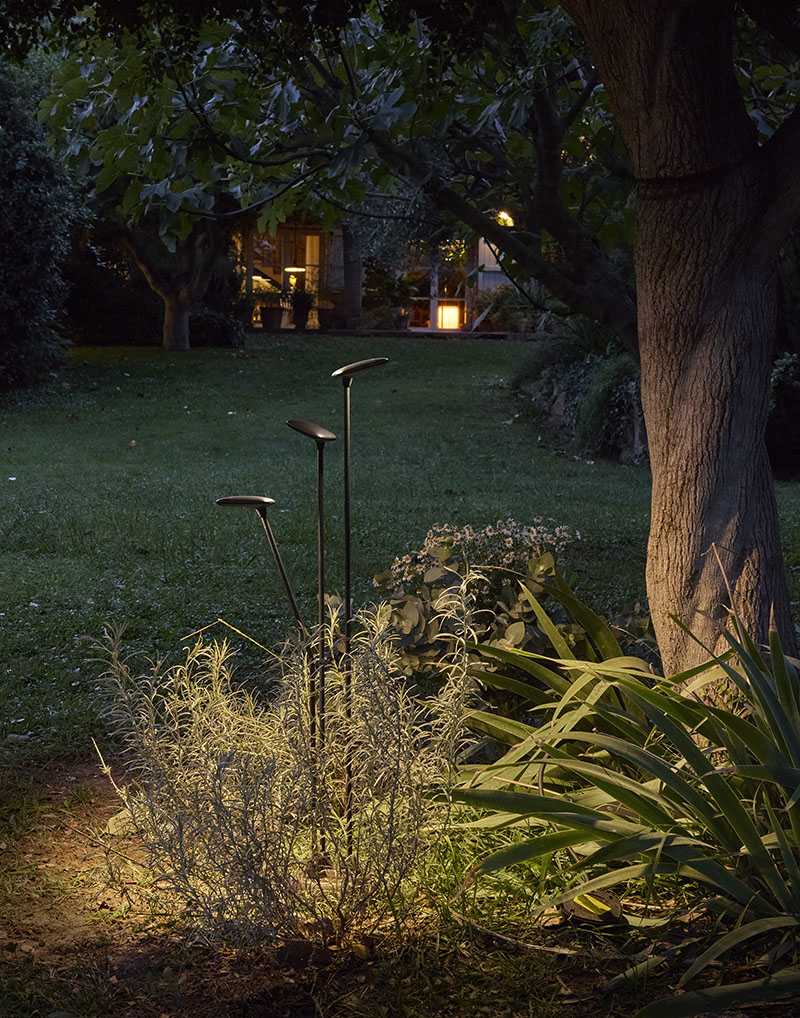 Birdie: tres luminarias Birdie de exterior encendidas junto a las plantas del jardín proyectan su luz al anochecer.