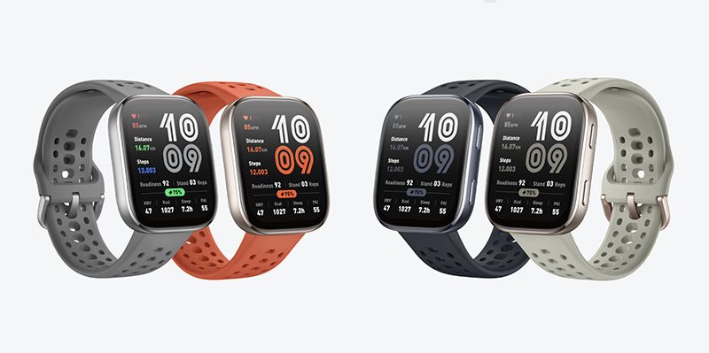 Amazfit Bip 6: los cuatro modelos del reloj Amazfit Bip 6 en distintos colores sobre un fondo blanco.