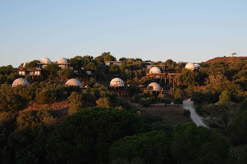 Conjunto de alojamientos en forma de domos geodésicos sobre una ladera, rodeados de vegetación en Wecamp Reserva Alecrim