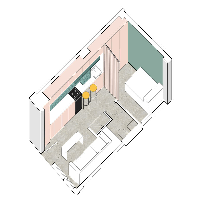 Axonometría de un apartamento: Plano en perspectiva de uno de los apartamentos en Carabanchel creador por Ooiio Arquitectura, que muestra la distribución interior con cocina, zona de estar, dormitorio separado por cortina y baño.