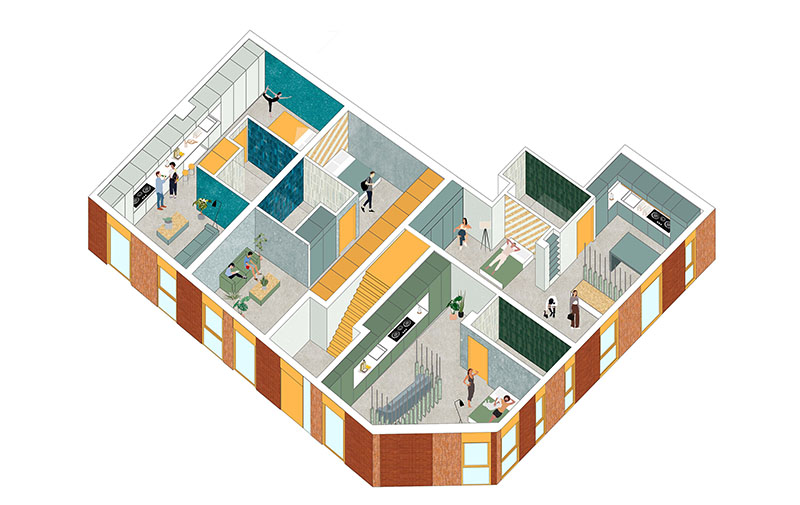 Axonometría de planta baja: representación de la planta baja del edificio de Ooiio Arquitectura, donde se aprecian los accesos, las zonas comunes y algunos apartamentos en Carabanchel, junto con los espacios de circulación.