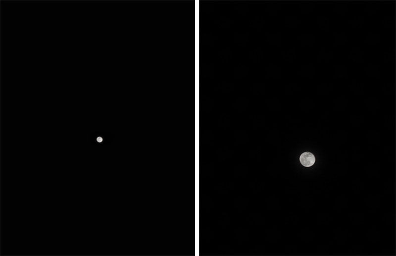 Vivo eclipse: Comparación entre una luna lejana y una luna más ampliada capturada con diferente nivel de zoom