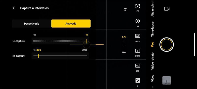 Vivo eclipse: Pantalla de la cámara en modo profesional con la función de "captura a intervalos" activada para hacer un timelapse