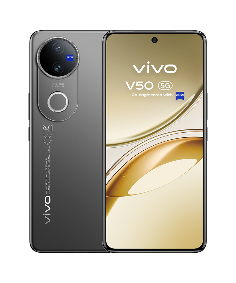 Vista frontal y trasera del Vivo V50 5G Satin Black, mostrando su cámara fotográfica